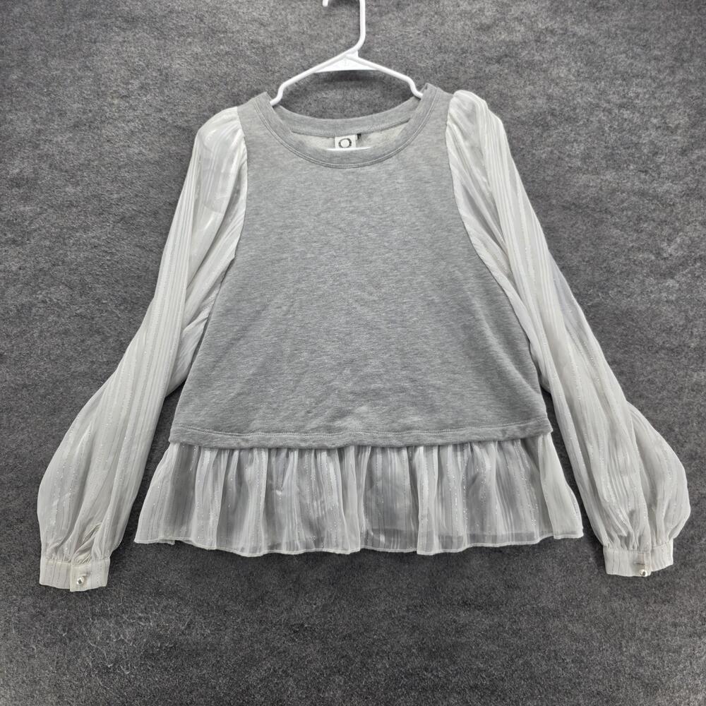 Akemi + Kin Pullover Womens Small Gray White Sheer Pleated Sleeve Ruffle Hem Top
